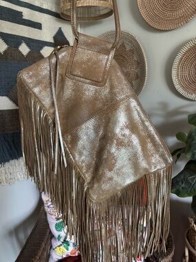 HOBO Fringed Metallic leather oversized clutch bag EUC!